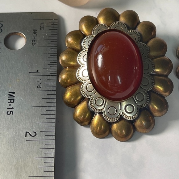 Vintage Marjorie Baer SF Clip Earrings - Brass Tone, Sterling, and Cabochon - Picture 5 of 7